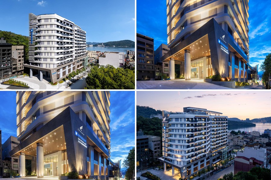 力麗溫德姆酒店夜景外觀，現代建築搭配山嵐水色
