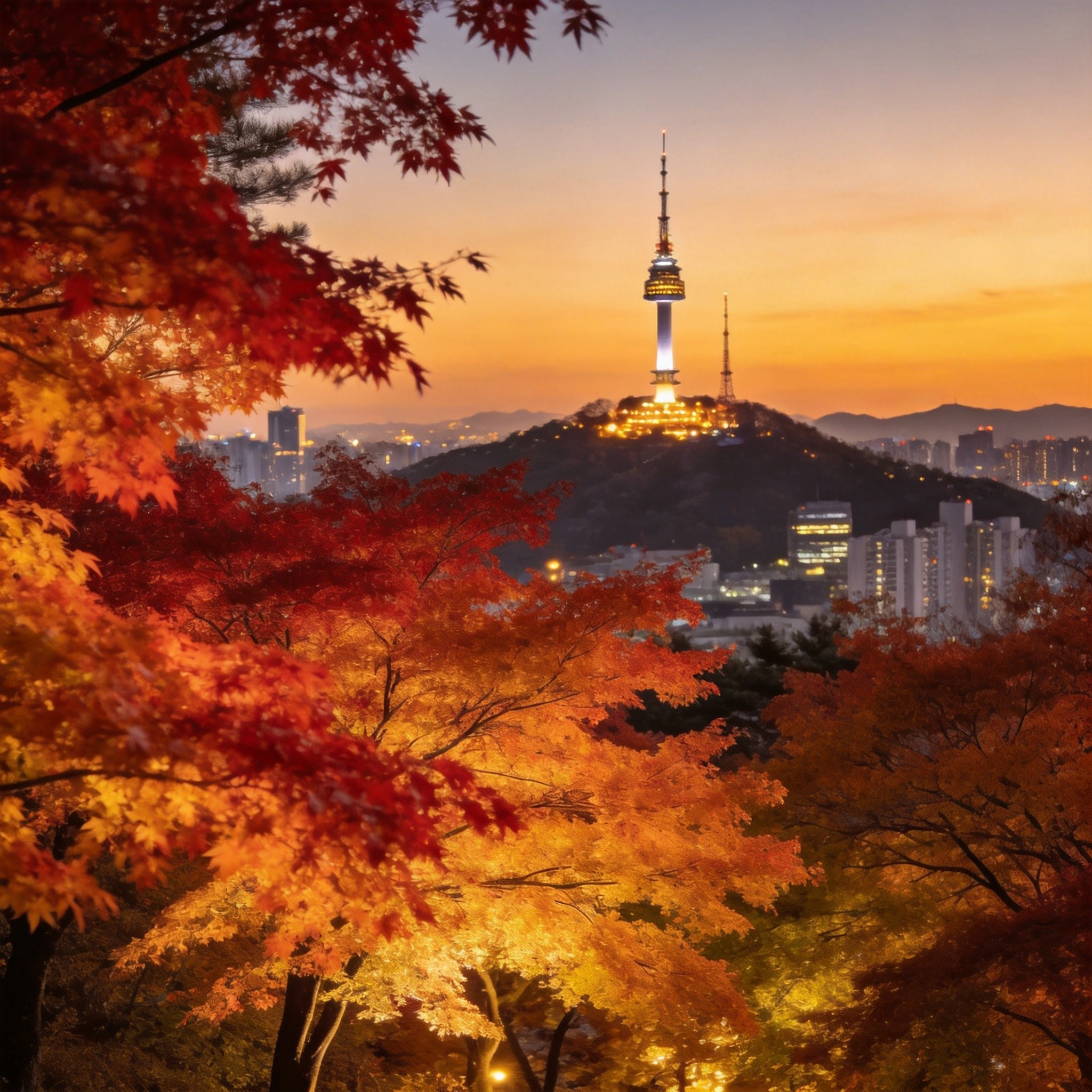 南山公園N首爾塔秋天紅葉夜景