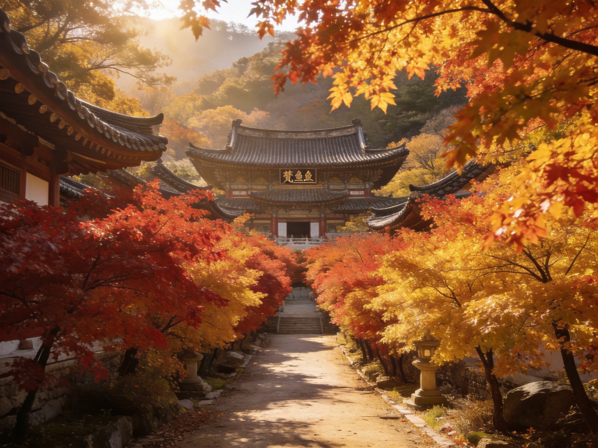 梵魚寺秋天楓葉隧道