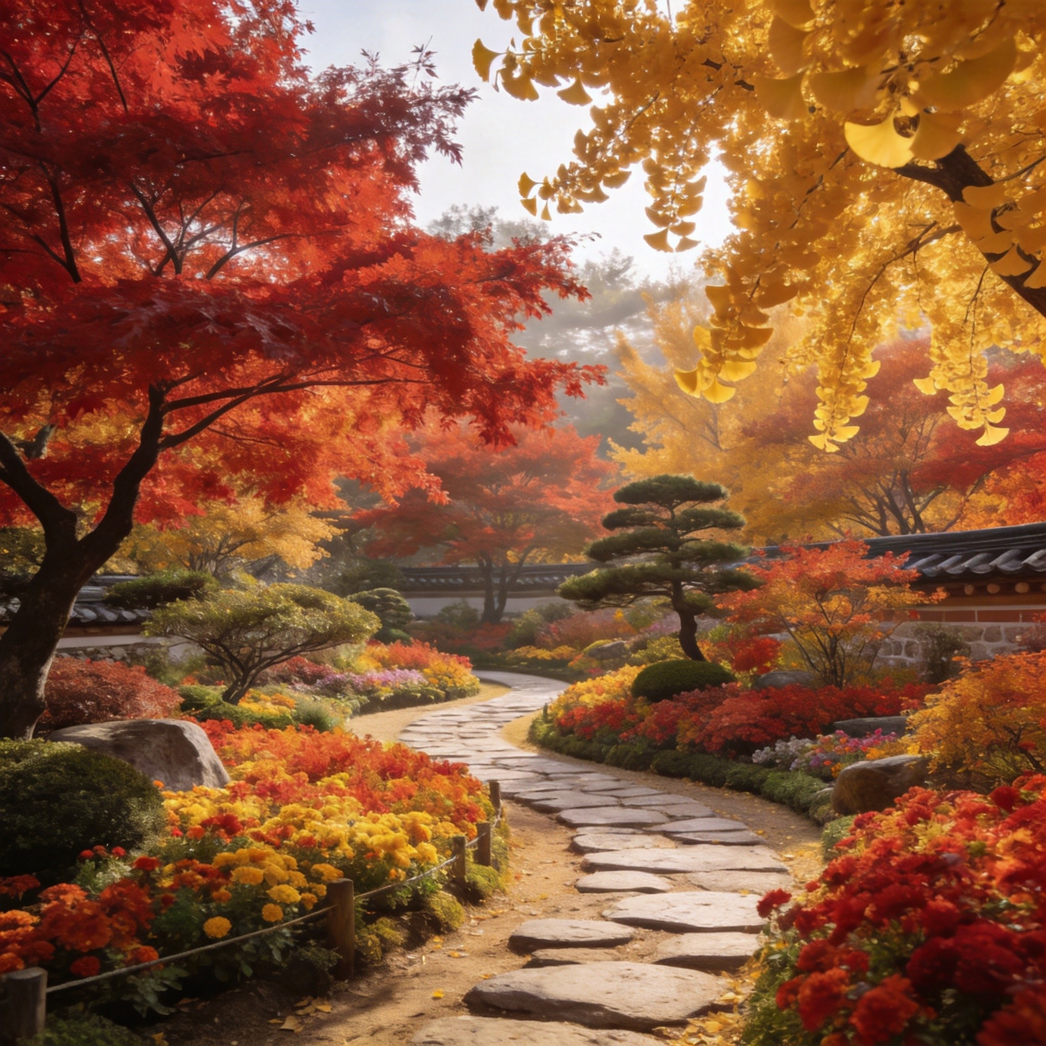 晨靜樹木園秋季紅楓金葉花園