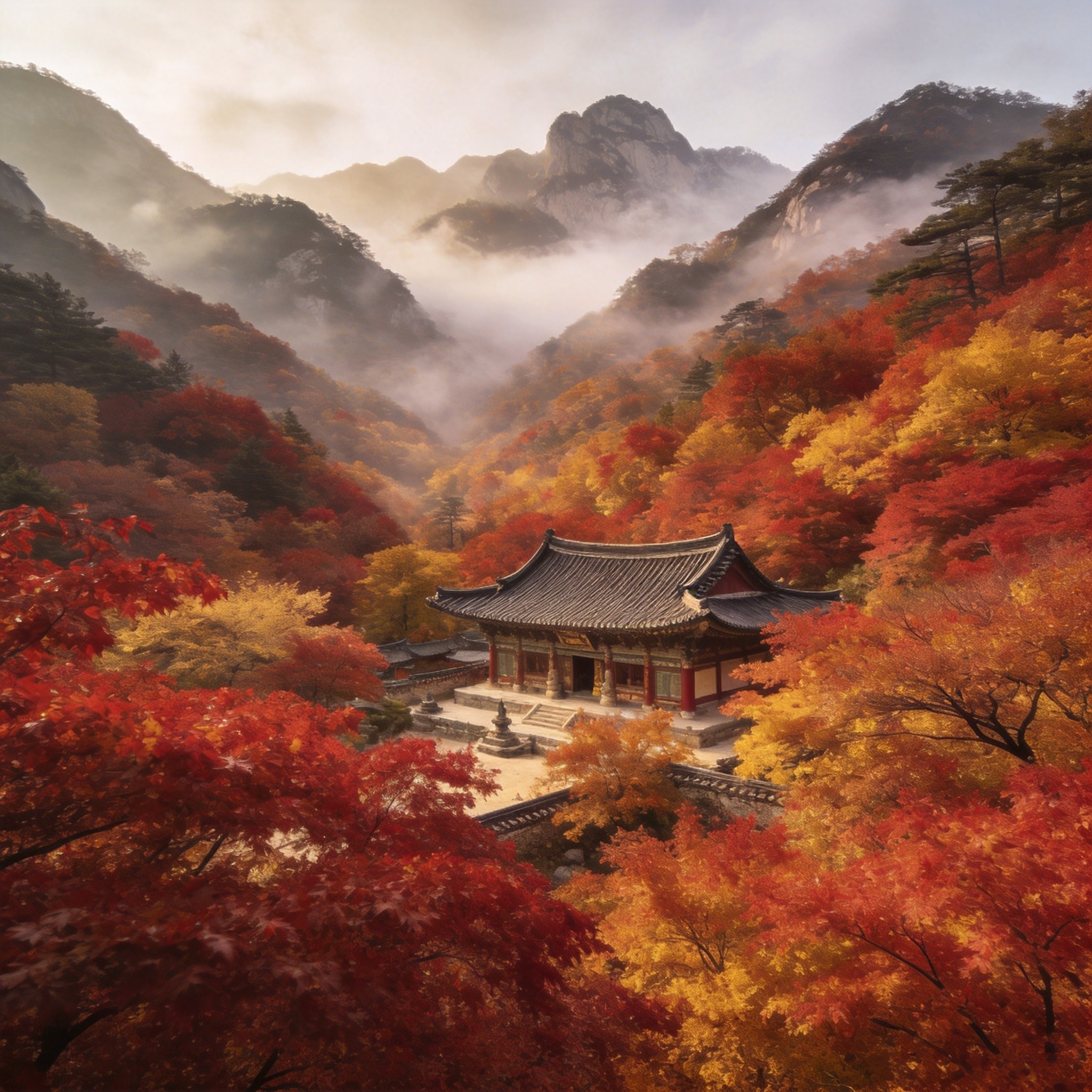 智異山國立公園秋季紅葉古寺