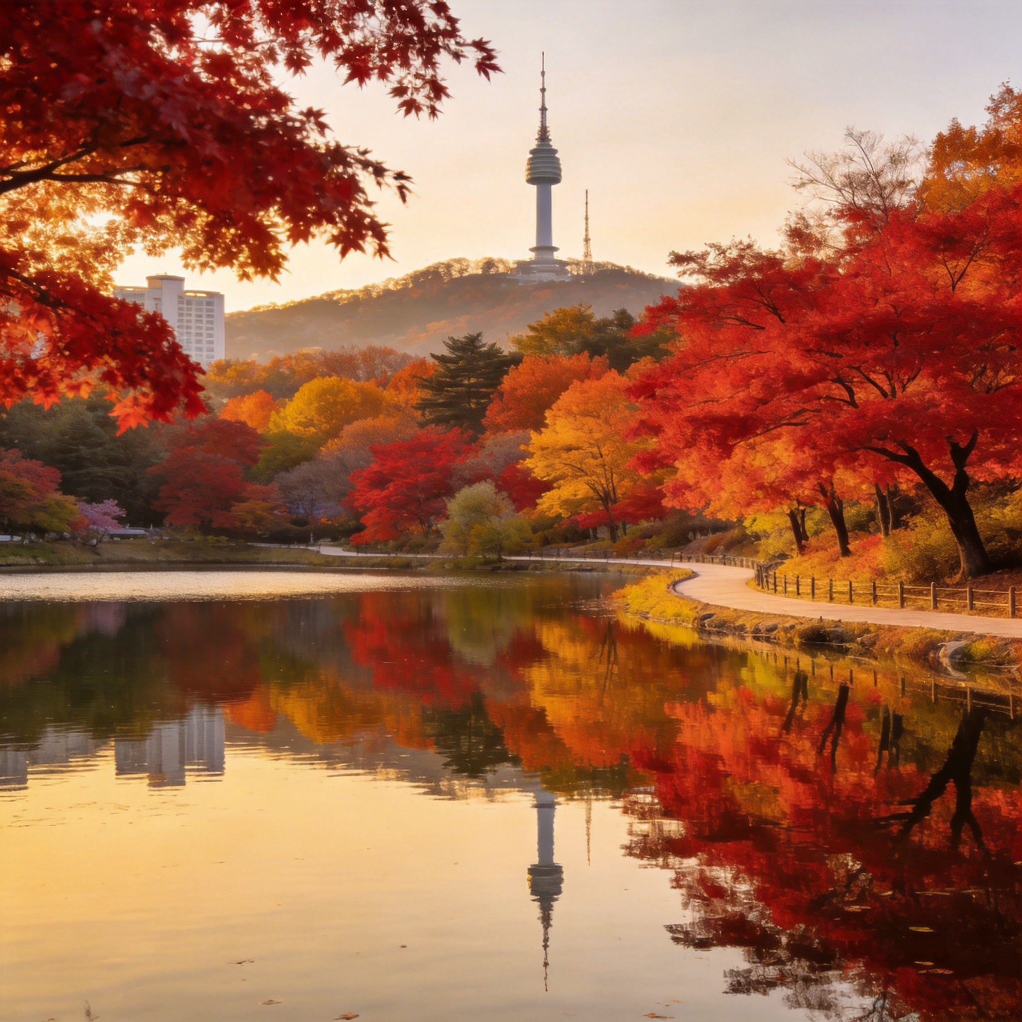 石村湖秋天紅葉湖景