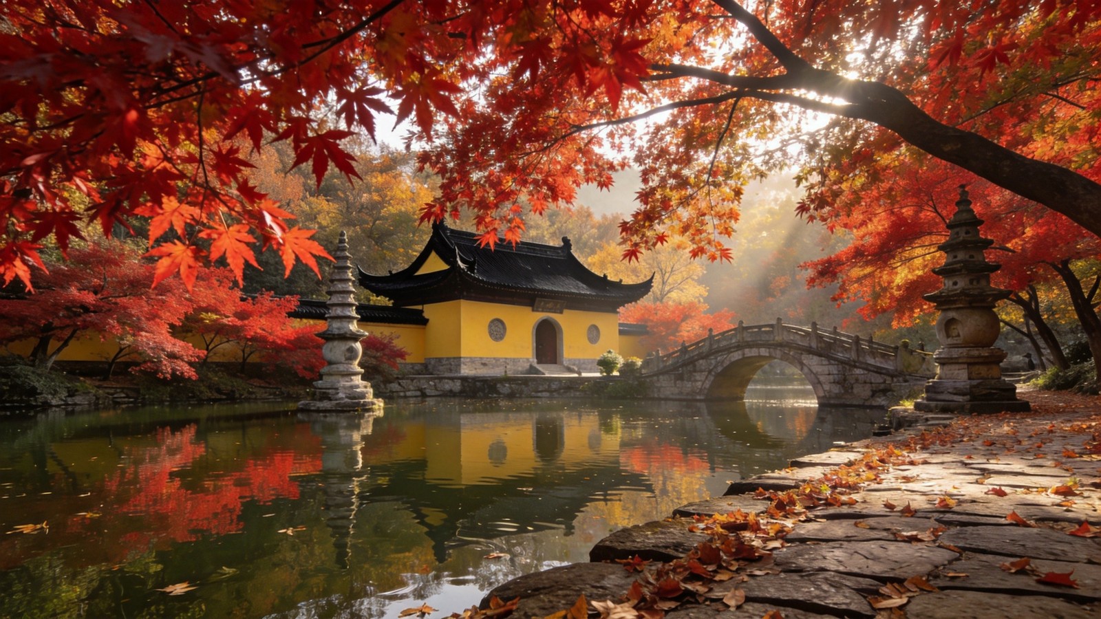 南京棲霞山明鏡湖畔紅楓環抱古寺,湖面倒映火紅楓葉