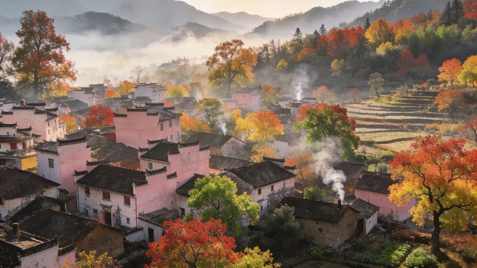 皖南塔川古村烏桕紅葉環抱粉牆黛瓦徽派民居,晨霧如水墨畫
