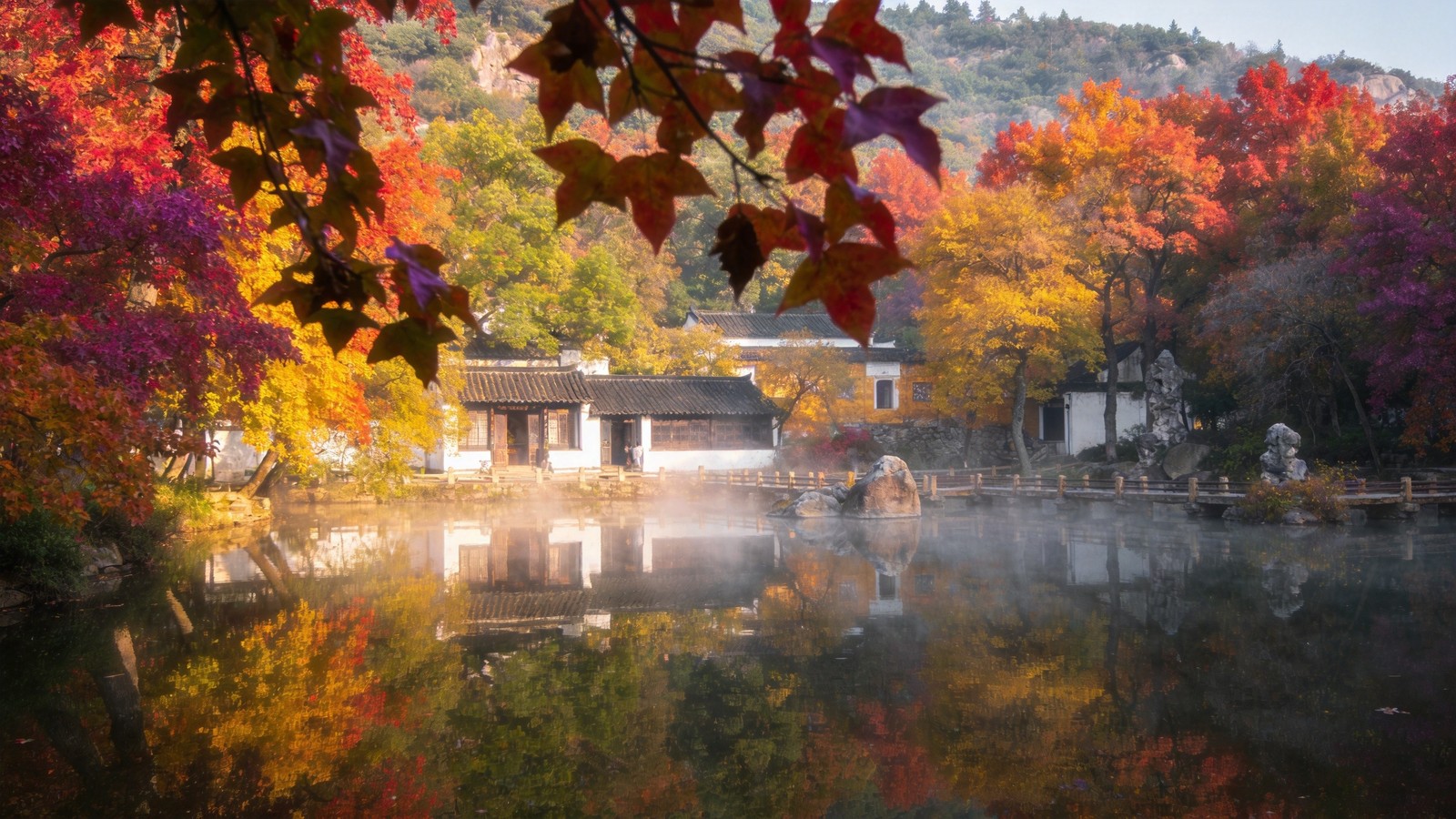 蘇州天平山古楓林紅葉似霞,白雲池倒映五彩楓林