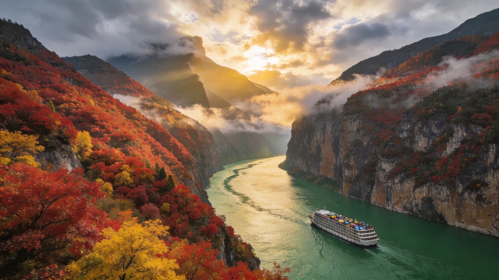 長江三峽巫峽兩岸懸崖上的火紅紅葉與碧綠江水,晨霧繚繞