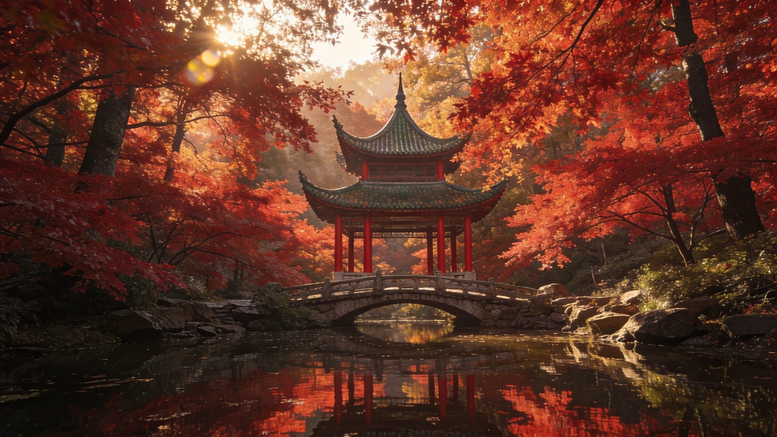 長沙嶽麓山愛晚亭掩映在火紅楓林中,青瓦飛檐古意盎然